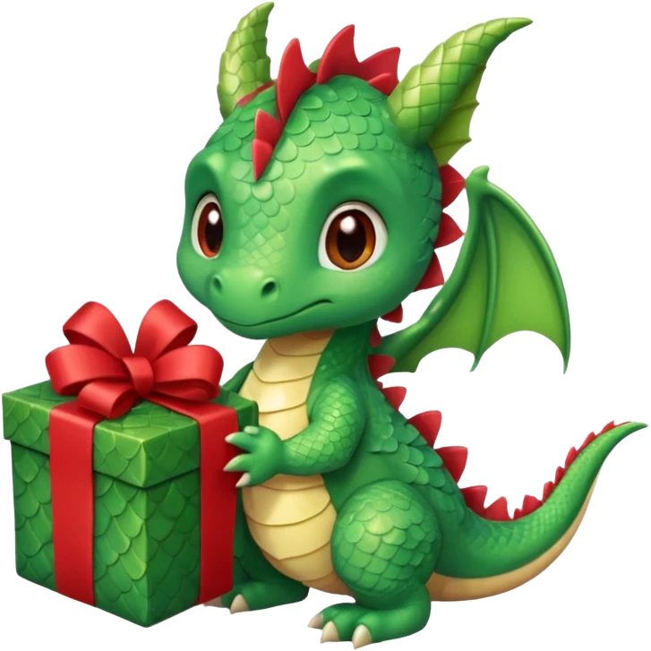 a cute baby dragon is holding a carton gift with red ribbon emoji