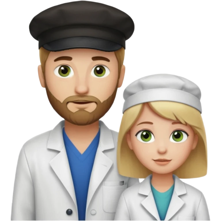 a blonde bearded guy wearing black cap, tall, fair skinned, brown eyes,  looking into the girls eyes who is short than him having green eyes and brown hair, who is in love with the guy, girl is wearing a lab coat, guy is wearing a brown jacket and blue jeans emoji