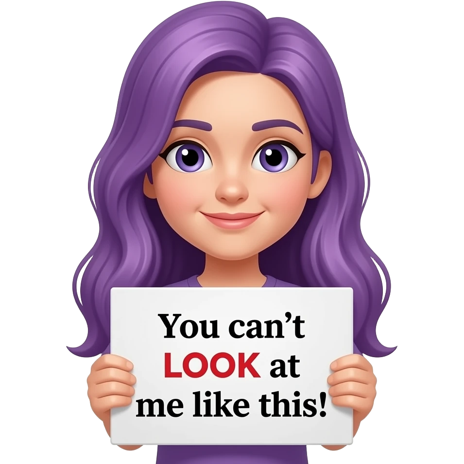 girl with long purple hair holding a You can't LOOK at me like this! sign emoji
