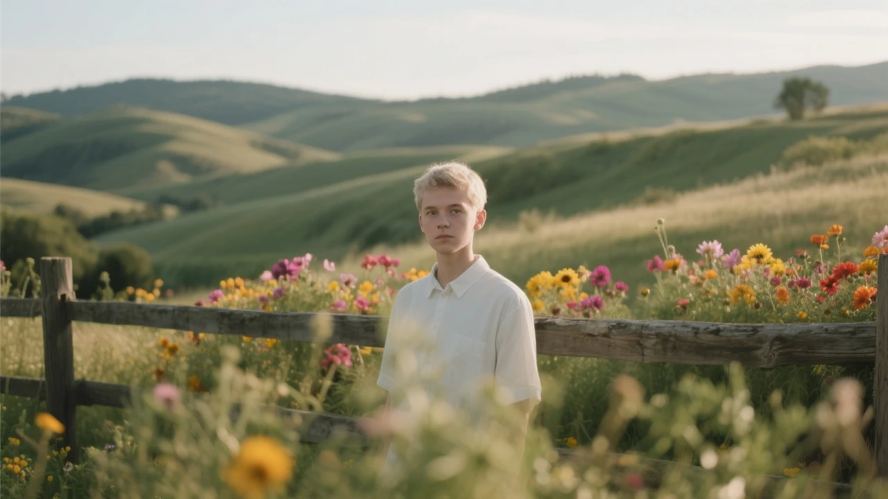 A portrait of a white person in the foreground, blurred plants in the foreground, a wooden fence and colorfull flowers in the midground, rolling hills in the background, cinematic depth of field, layered composition, natural lighting emoji