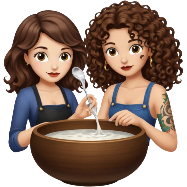 moon bowl mixing — long wavy brown hair tattooed woman and short tight curly brown hair woman — potion scene emoji