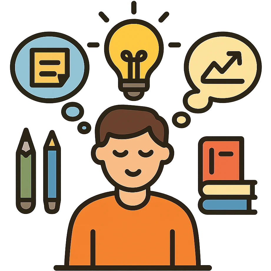 person brainstorming in a warm, inviting workspace, surrounded by idea bubbles with notes and sketches, bright light bulb above, creative tools like pens and books in the background, color outline icon style, 4:5 aspect ratio emoji