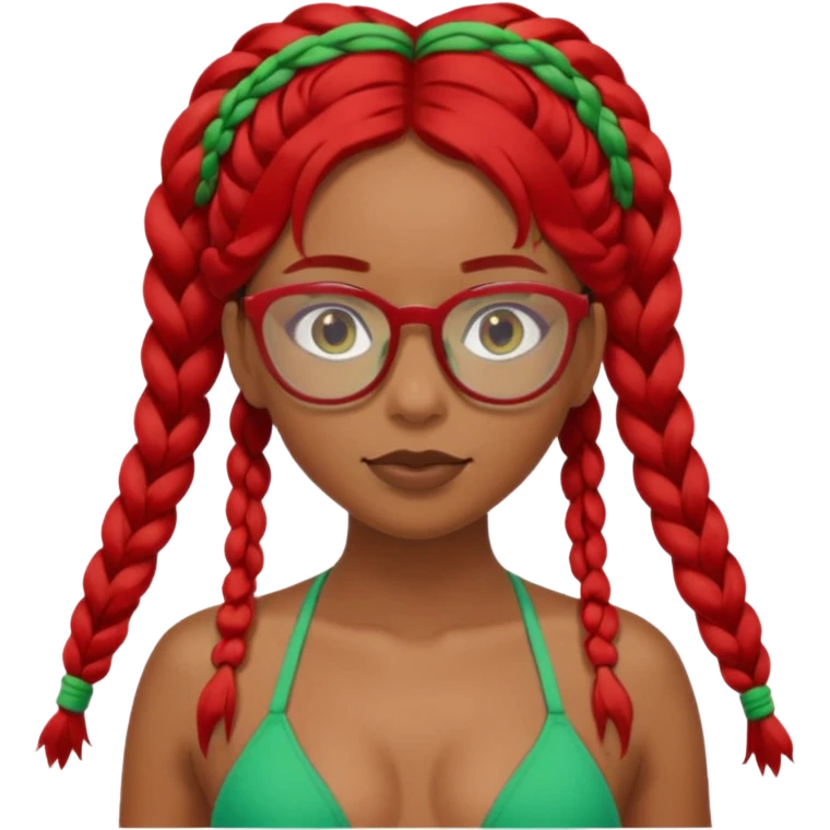 Dark Tan girl with two long red plaits and red rimmed  glasses, green bikini top,  head neck and shoulder shot only emoji
