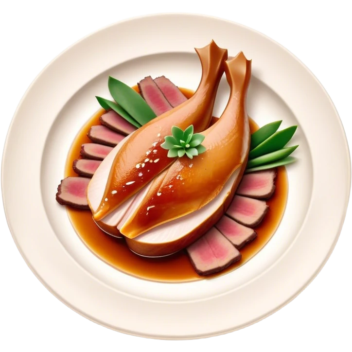 Peking Duck Cinematic Realistic Peking Duck Dish Emoji, depicted as thinly sliced duck breast with crispy skin and succulent meat, rendered with vivid textures and dynamic, appetizing lighting. emoji