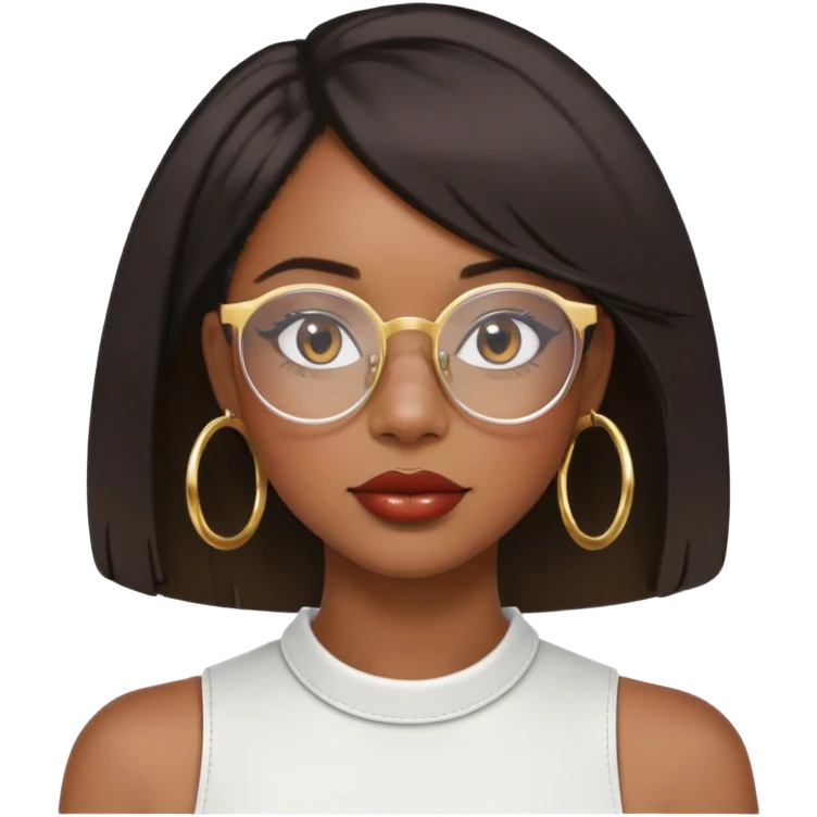Black girl with shoulder length bob with layers. She wears clear glasses and has on small gold hoop earrings and lipgloss emoji