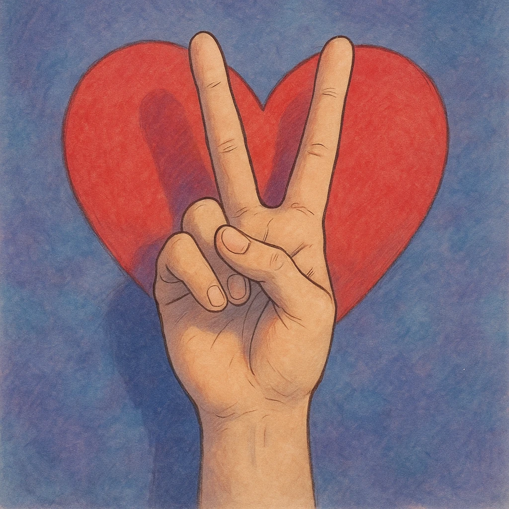 realistic hand making a peace sign, mostly purple and blue, with a red heart in the background, ghibli style emoji