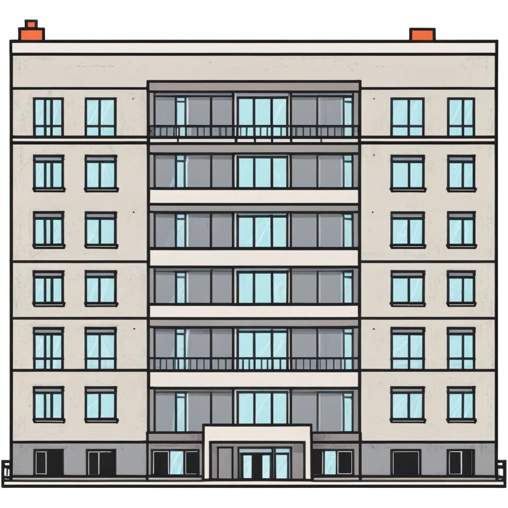 Soviet-era panel apartment building with rows of identical windows, gray concrete facade, flat roof, typical Russian multi-story residential building emoji