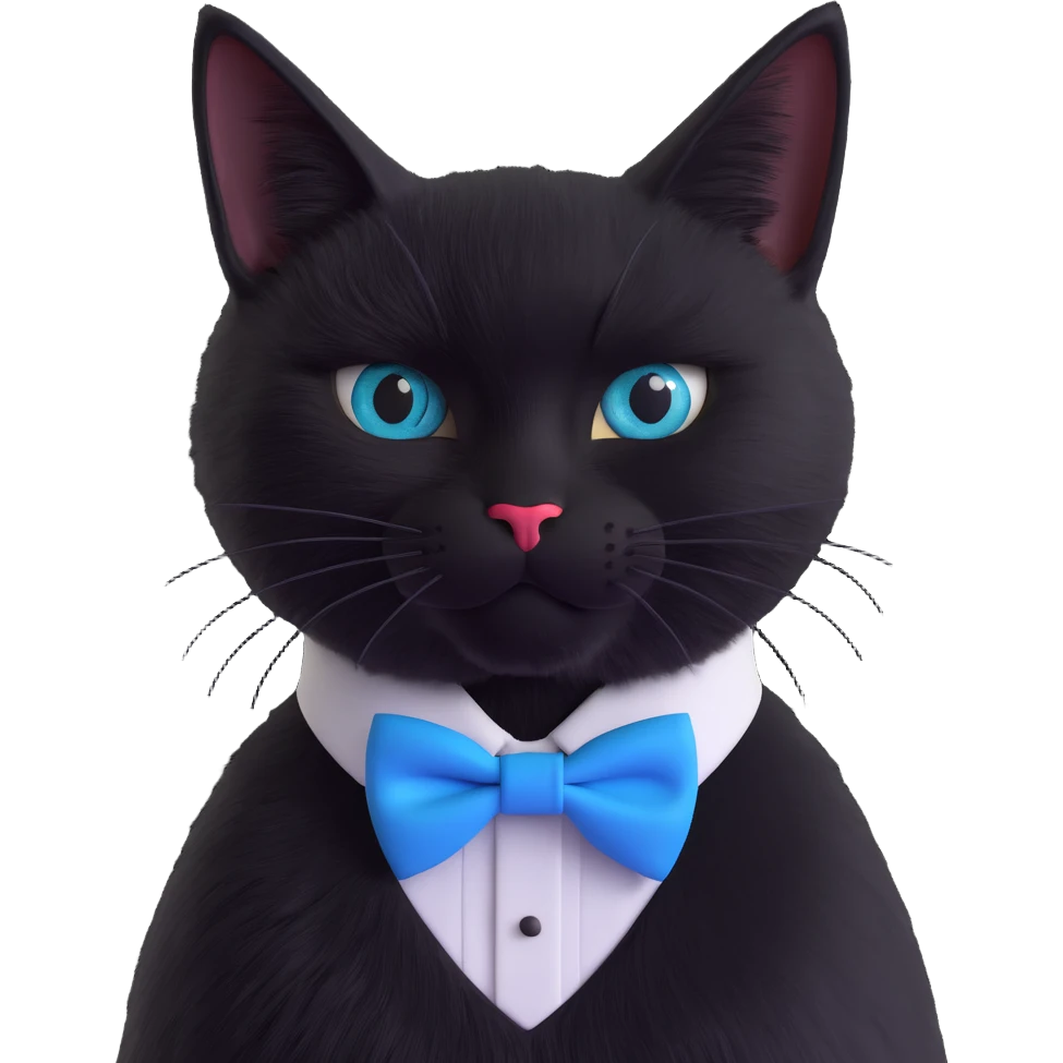 black cat with a blue bowtie collar, 3D illustration, lifelike fur, realistic lighting emoji