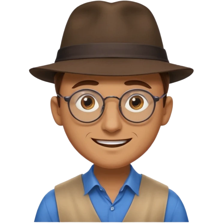 A man with sharp and thin face, brown round glasses, a brown hat and a brown costume with beige chemise (shoulders only), with blue eyes and a large smile on his face and menacing eyes. emoji