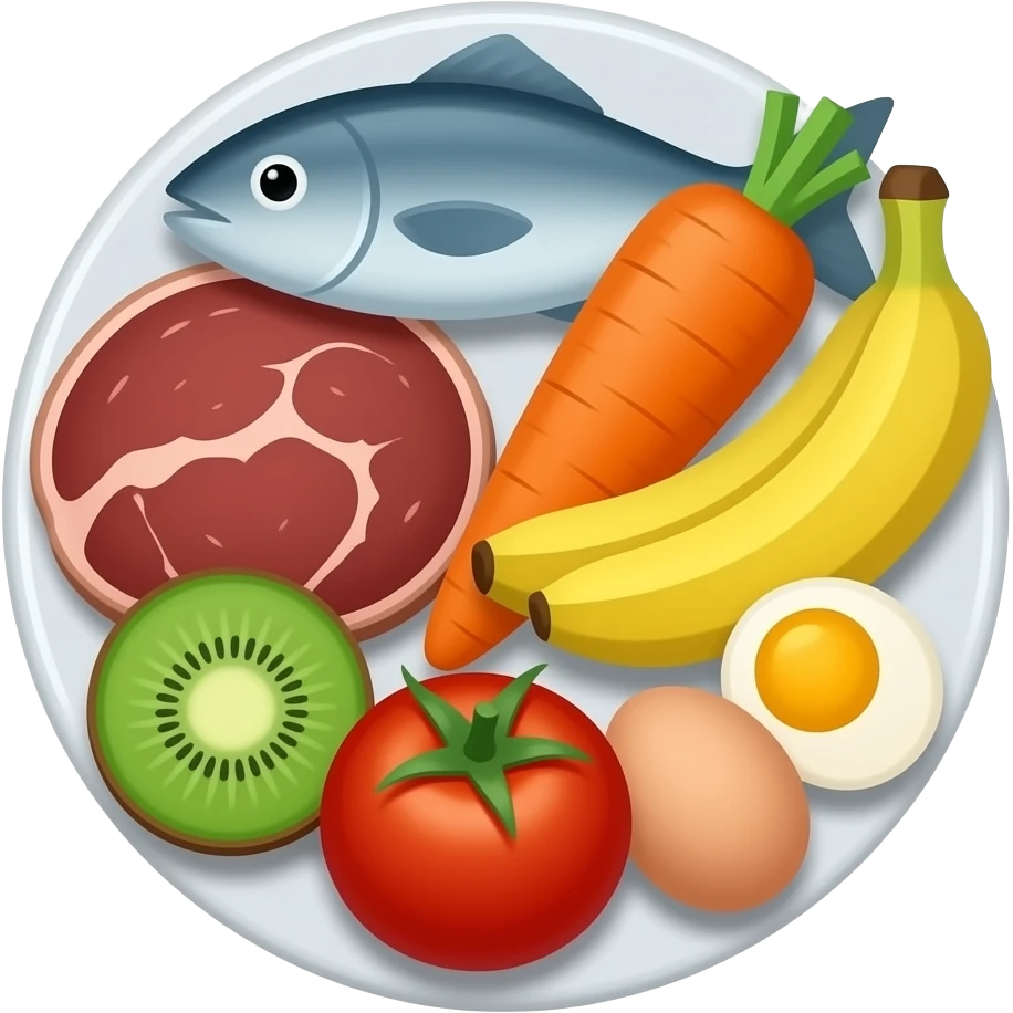 plate with meat fish carrot banana kiwi tomato eggs emoji