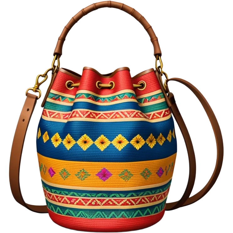 cinematic-realistic-image-of-a-traditional-colombian-mochila bucket bag,-rendered-with-detailed-woven-textures-and-vibrant-patterns bucket bag - with **fabric strap** mochila strap emoji