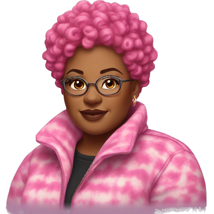 Plus size black woman with pink curly pixie cut hair and a tie dye winter coat  emoji