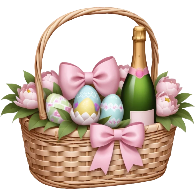 White Picnic basket with light pink bow, white peonies, pink easter eggs and one pink champage bottle inside emoji