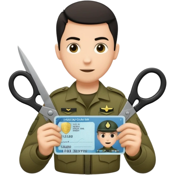 Floating black Scissors cutting in half an idf soldier ID card with a little chip in 2 parts emoji