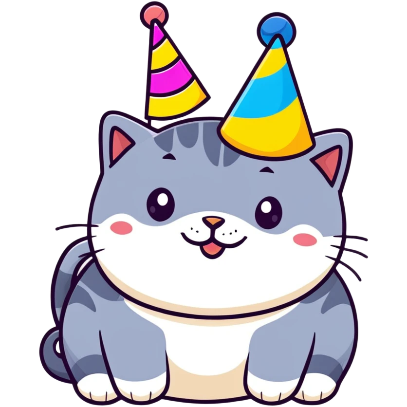British shorthair blue cat with round face and chubby cheeks wearing a colorful birthday hat emoji