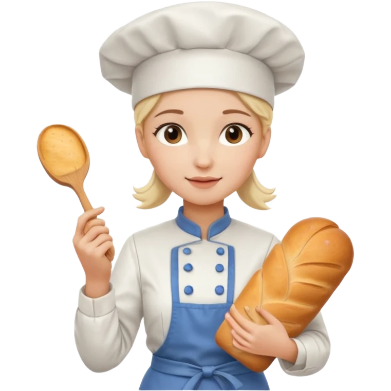 Young female baker - wearing a white chef's hat, holding a cream piping bag and bread in her hand emoji