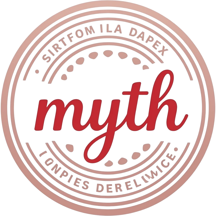 minimalistic line art stamp with the word ‘myth’ in red sticker, elegant thin strokes, pastel tones, clean vector design, no background, modern aesthetic, 8k emoji