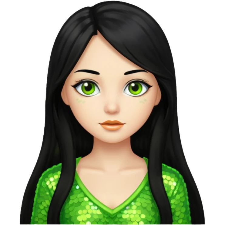 Verona from Van Helsing with long black hair, lime green sequin outfit emoji