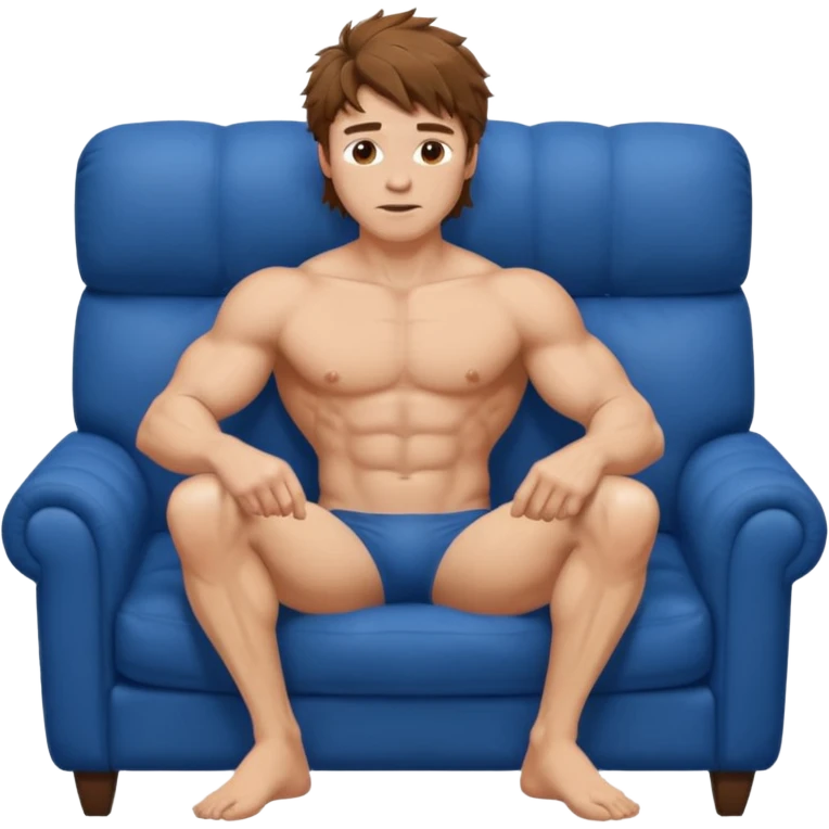 Nude white man with brown messy hair sat on blue sofa. emoji