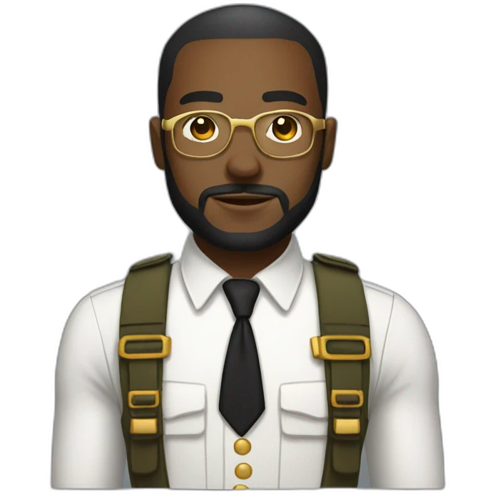 black soldier with beard, part in hair, white collared shirt, bow tie, gold glasses, bulletproof vest  emoji