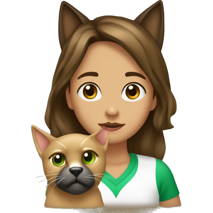 garota branca com cabelo cacheado castanho claro  loiro comprido 8 anos com olhos verdes muito escuros e um gato preto e um cachorro caramelo emoji
