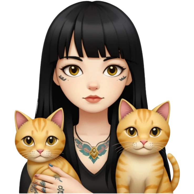 girl with long black  straight bangs hair and tattoos and a golden-shared cat emoji