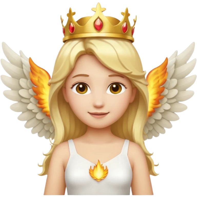 Emoji-style angel: blonde hair, golden flame crown, halo, large detailed wings, white dress, visible feminine body shape, cute smooth emoji look. emoji