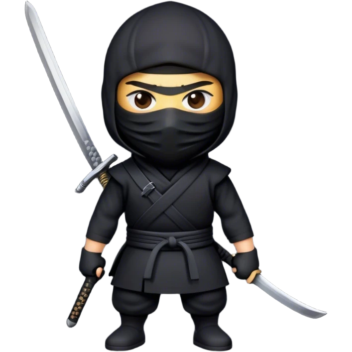  A emoji cartoon-style digital illustration of a ninja dressed in a half black outfit with a face mask, leaving only the eyes visible. The ninja has a serious and focused expression. A katana sword is strapped to their back, with the handle visible over one shoulder. The background is plain white emoji