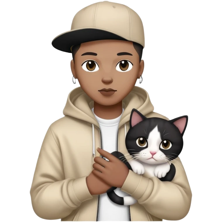 rapper with stylish clothes holding a cute black and white cat emoji