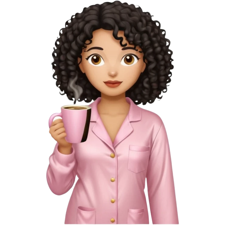 Mixed-race woman with caramel skin and black curly hair, slim thick figure, wearing beige satin pajamas, holding a pastel pink coffee cup, minimal background emoji