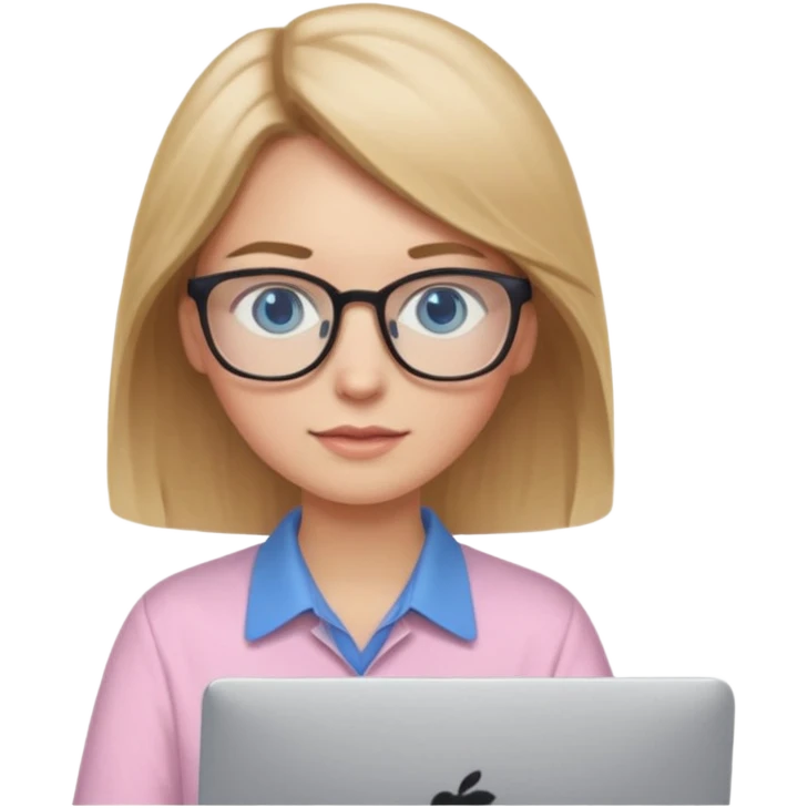 redattrice editoriale. Bionda, capelli lisci biondo scuro, lunghezza media. Occhi blu con occhiali. è al pc a lavorare. Indossa una camicia rosa chiaro emoji