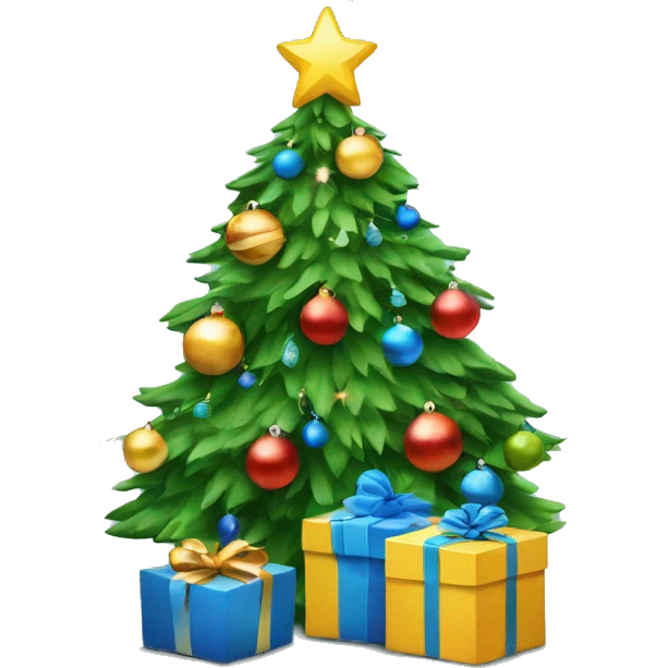 Christmas tree with blue ornaments, lights and with gifts wrap under the tree emoji