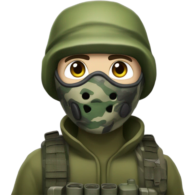 white male, pale skin, call of duty Logan mask, green camo tactical gear, combat boots, beanie, hazel eyes emoji