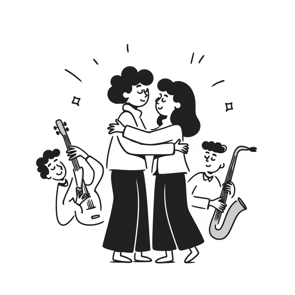 Two musicians of the same gender giving each other a friendly side hug, professional greeting, fraternal embrace, smiling, musical instruments nearby, colleagues congratulating each other emoji