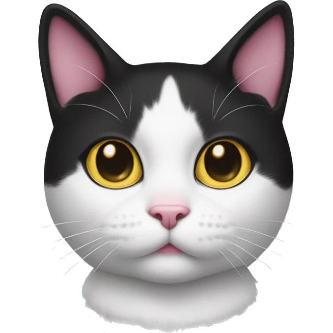 A tuxedo cat with a pink nose and yellow eyes with a white bow on the head  emoji