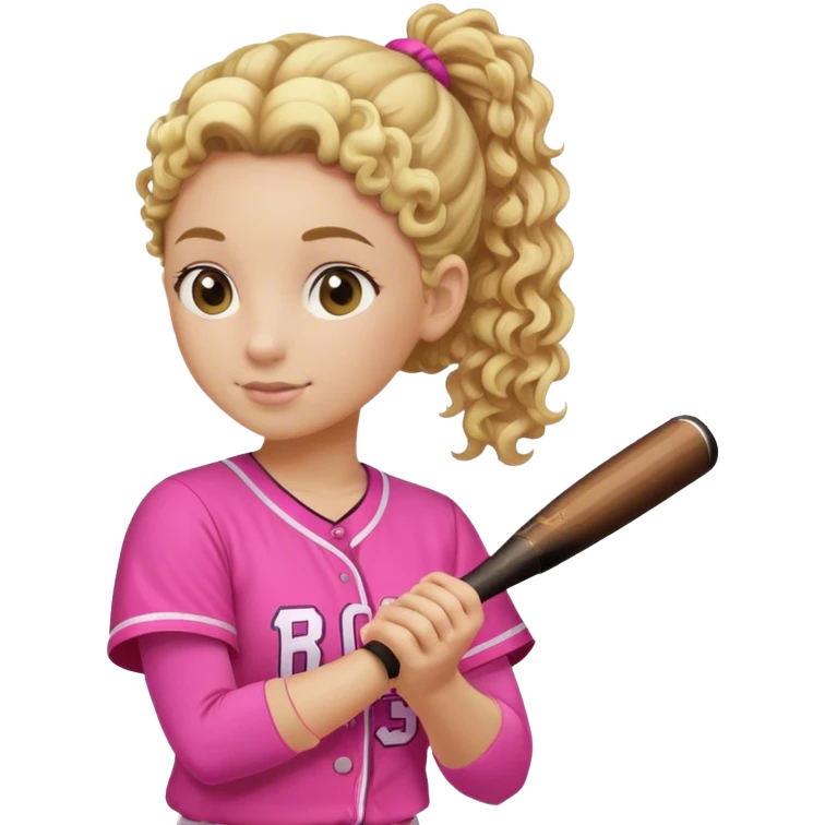 Female softball player blond curly hair pony tail pink outfit emoji