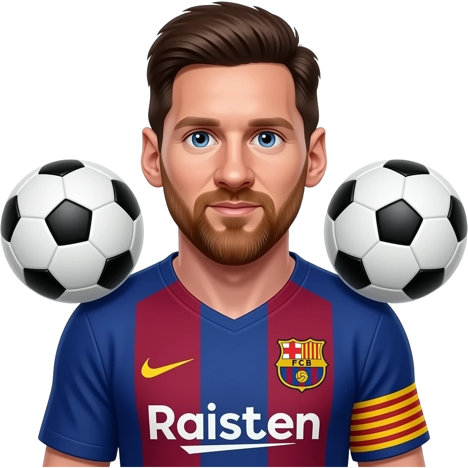 Messi football emoji, Barca shirt, two complete footballs floating beside shoulders, glossy 3D emoji render emoji