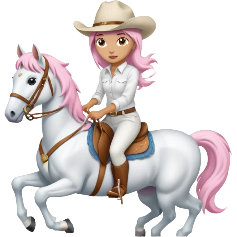 Cowgirl rodeo with white and soft pink clothes riding a white bourse with soft pink hair emoji