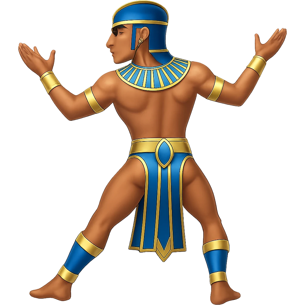 Remove the horns from the Egyptian human bull leaper in the back view 'are you entertained' pose. Add blue and gold accents. Preserve all other details. The style is emoji style. Remove the background. emoji