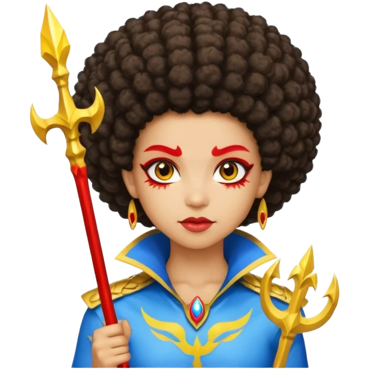 Emoji metisse femboy mais plus masculin avec drapeau ukrainien arriere plan, un afro, sourcils rouge, fourche trident, et eclairs et sur fond bleu clair irrisé. Peau lightskin, yeux marron et cheveux marron bouclés mais en mode afro pixi cut emoji