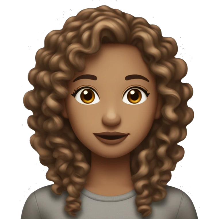 Girl with long curly hair, brownish, hazel eyes, freckles, long eyelashes and medium to light skin tone and midsize lips ￼ emoji