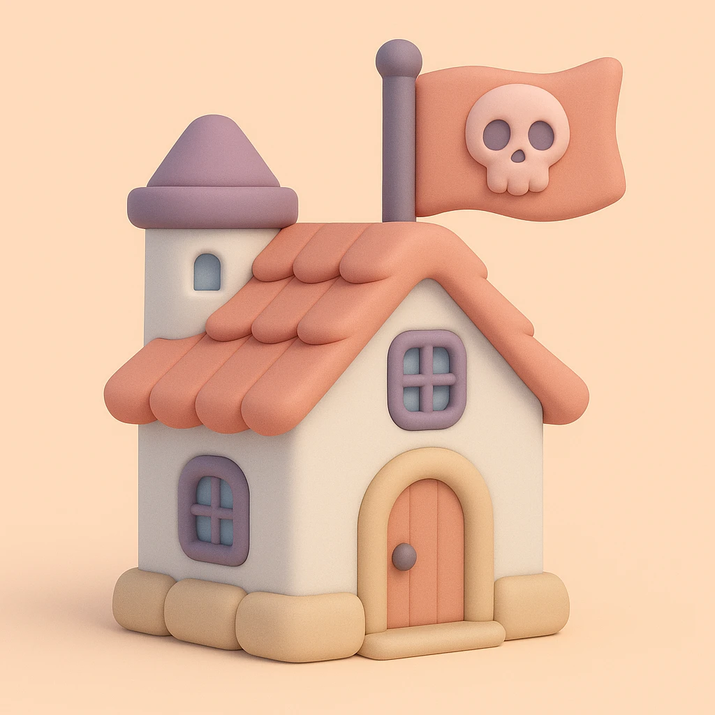 old pirate's house with skull flag emoji