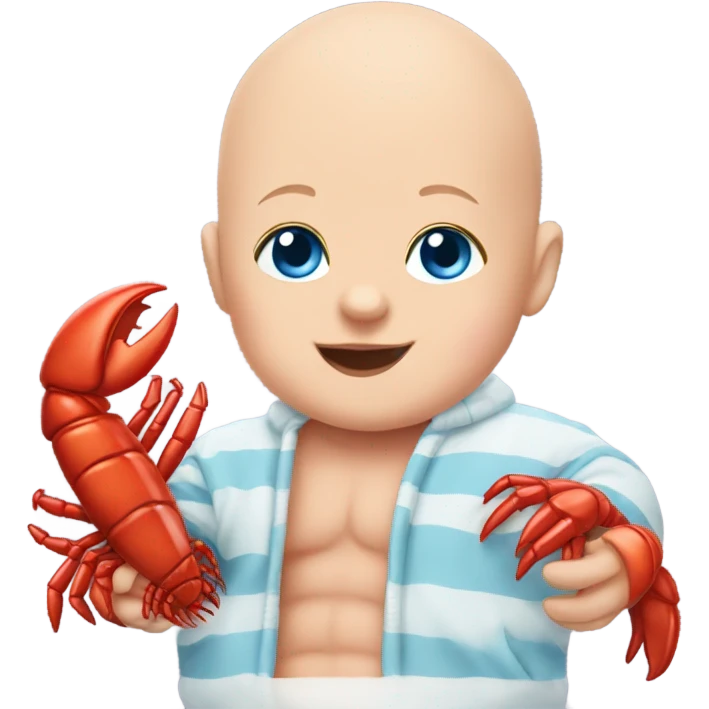 bald baby with blue eyes with stuffed lobster emoji