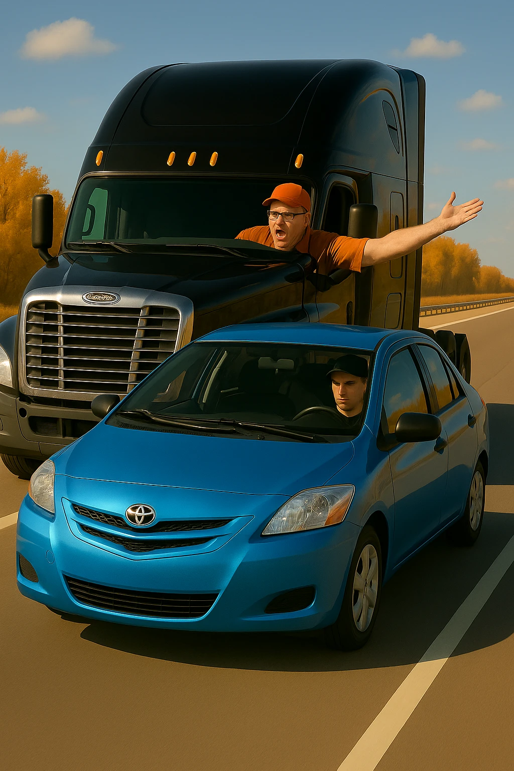 Add a baseball cap to the angry, bald truck driver with glasses and orange shirt, arm out the window. Keep the scene bright and vibrant, with a person in the car in front. emoji