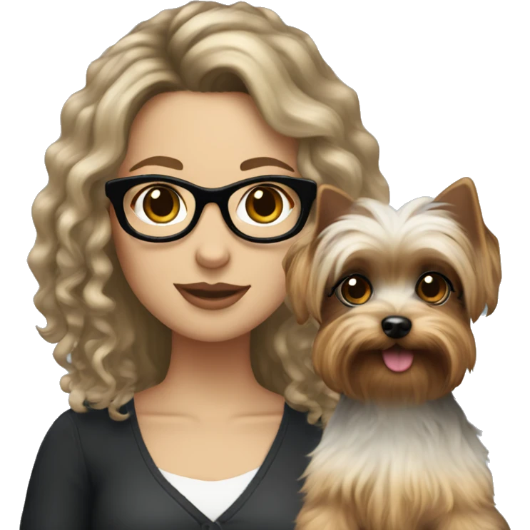 A White girl with curly medium length black hair and glasses holding a Yorkie  emoji
