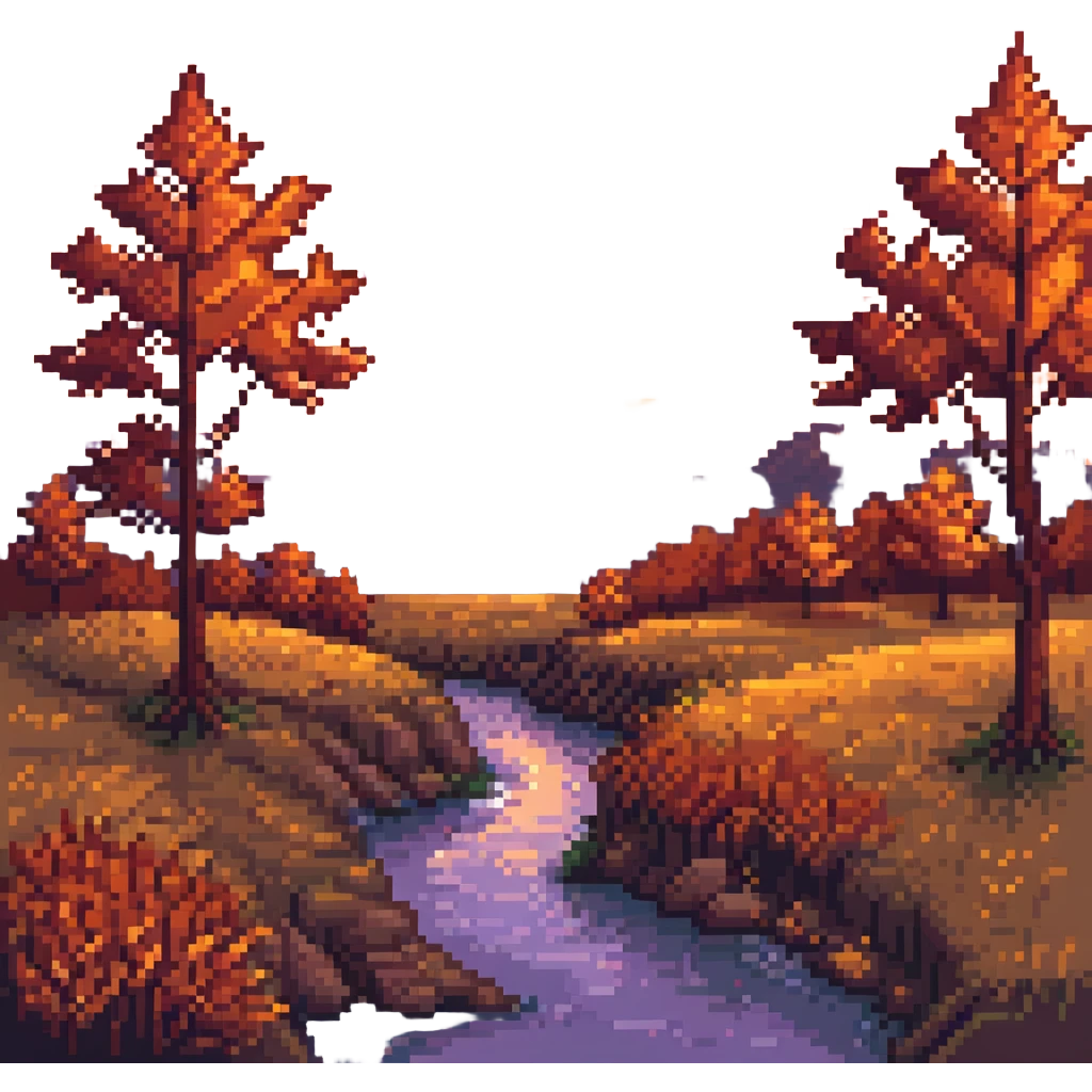 pixel art fall landscape at sunset, orange and red foliage, glowing sky emoji