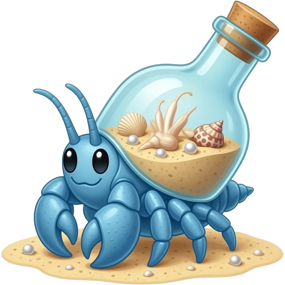 Cute blue hermit crab carrying a glass bottle shell filled with sand, seashells, pearls, and a tiny message, pastel fantasy beach style emoji