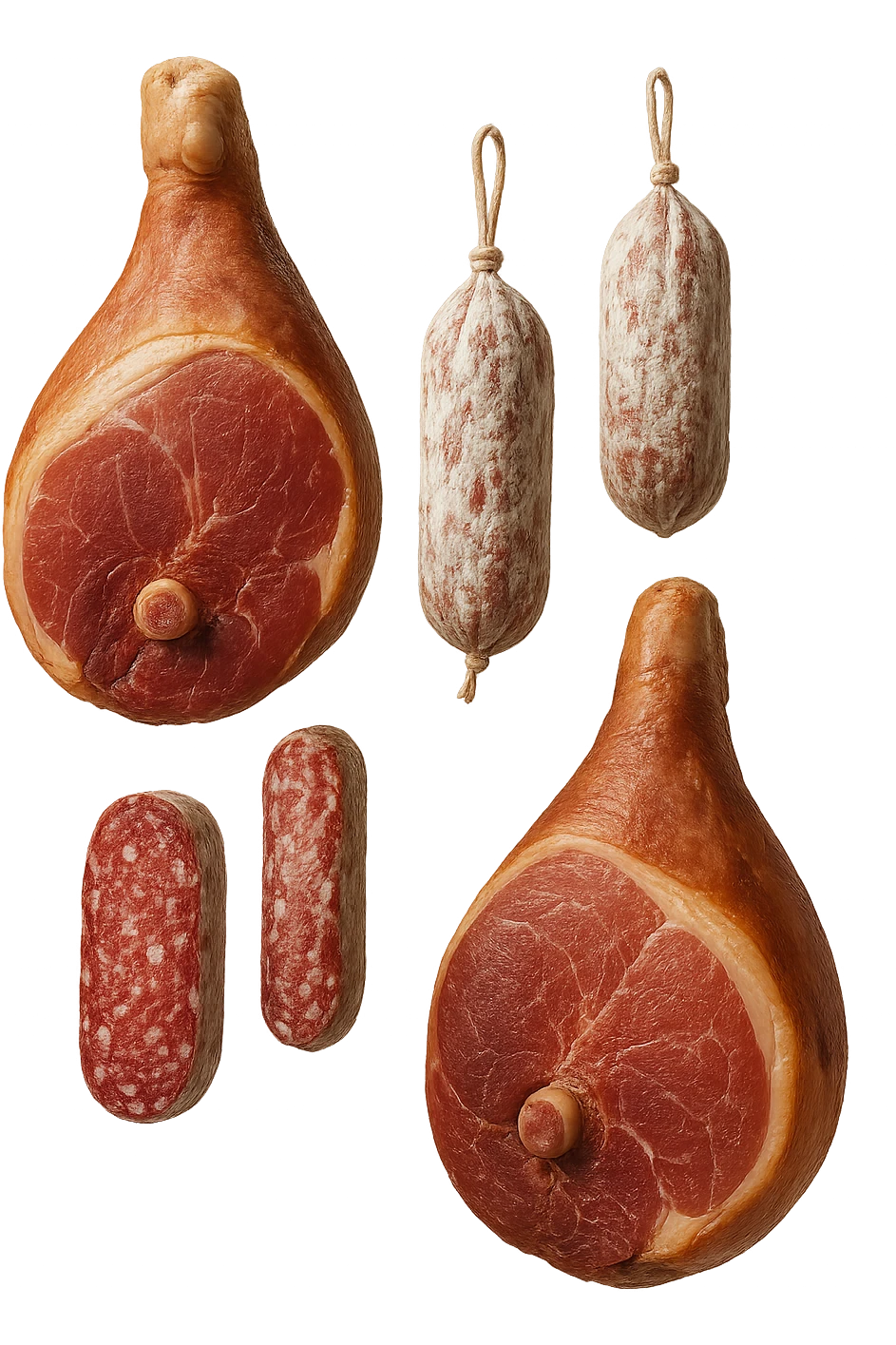 prosciutti e salami fluttuano in aria verticalmente, IPERREALISTICA 4K emoji