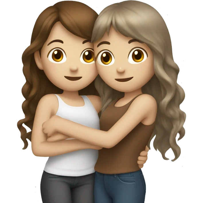 Two girls with white skin hugging. one has long wavy brown hair and the other has long straight brown hair with bangs. emoji