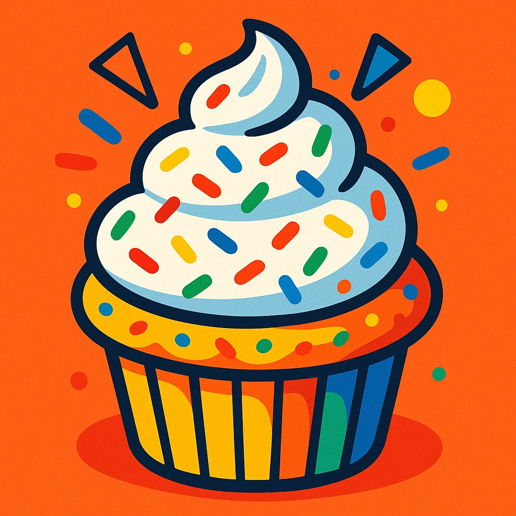 festive muffin with whipped cream swirl and multicolored sprinkles, vibrant style emoji